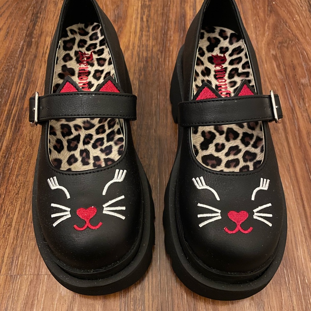 Demonia Black and Red Cat Face Mary Janes with Leopard Print Lining
